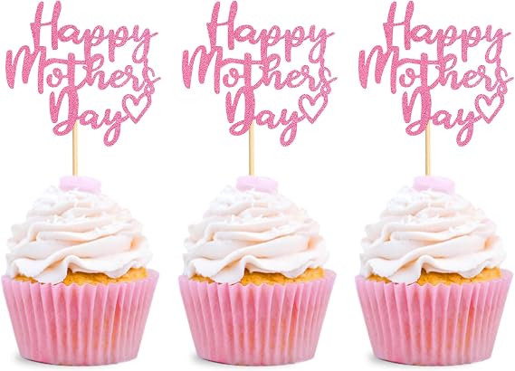 30 pcs Mother's Day Cupcake Topper Happy Mother's Day Pink Party Cake Decorations Cupcake Toppers Picks for Mother's Birthday Party 30pcs (Pink)