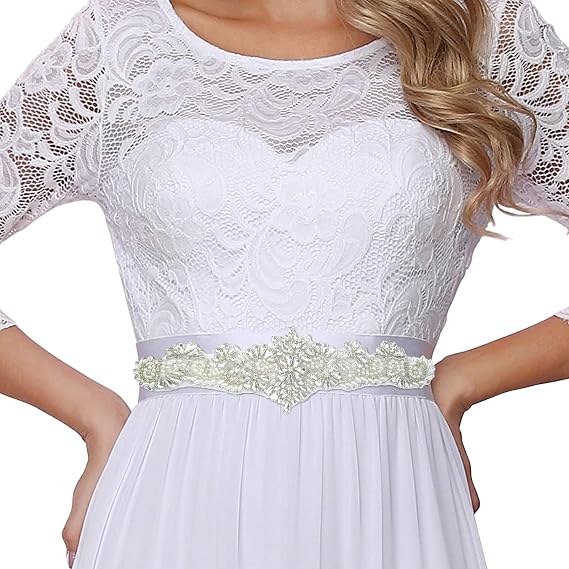 ShinyBeauty Ivory Bridal Sash - Wedding Dress Sash Belt with Rhinestone and Pearl