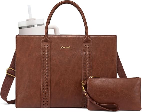 LOVEVOOK Laptop Tote Bag for Women, Vintage Leather Work Bags 17 inch Laptop Bag, Waterproof Professional Computer Bag Business Office Briefcase Large Shoulder Bag Handbag, Brown