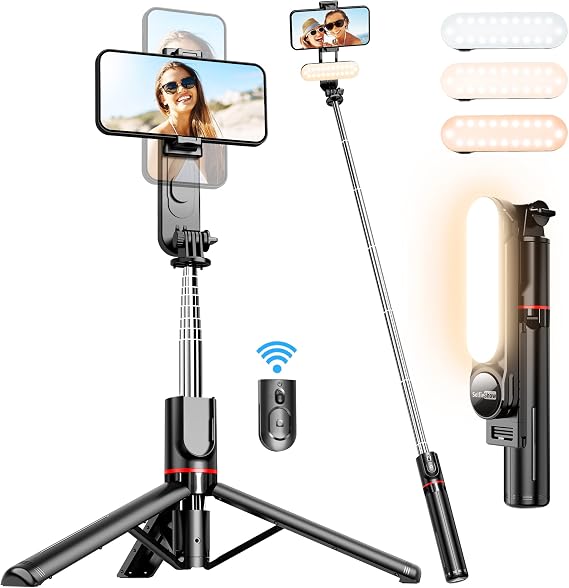 Fixed Selfie Stick Tripod with Removable Fill Light 360 ° Rotatable Extensible Cell Phone Tripod with Wireless Remote Control for iPhone, Samsung, Huawei, Sony and Other Smartphones
