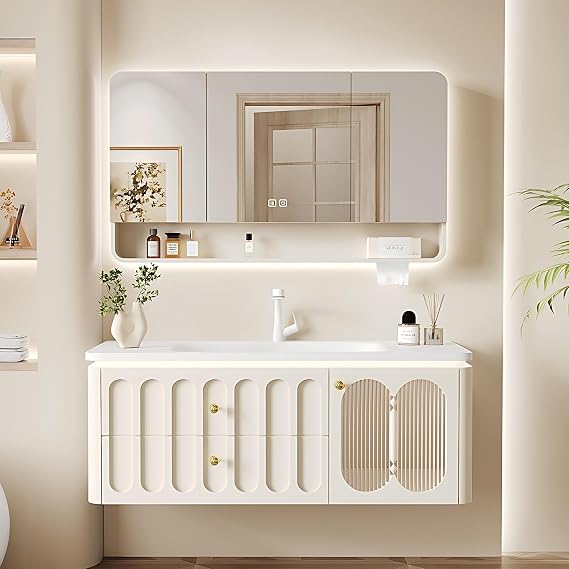 Modern Solid Wood Bathroom Vanity - with Sink | LED Anti-Fog Mirror Cabinet | Corian Integrated Basin | with Storage Drawer | Wall Mounted Bathroom Vanity Cabinet Elegant White(WHITE-B,60 IN)