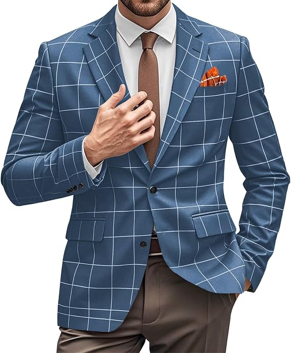 Mens Suit Blazer Western Plaid Sport Coats for Men Lightweight Notch Lapel Two Button Business Jacket Casual Sport Coats