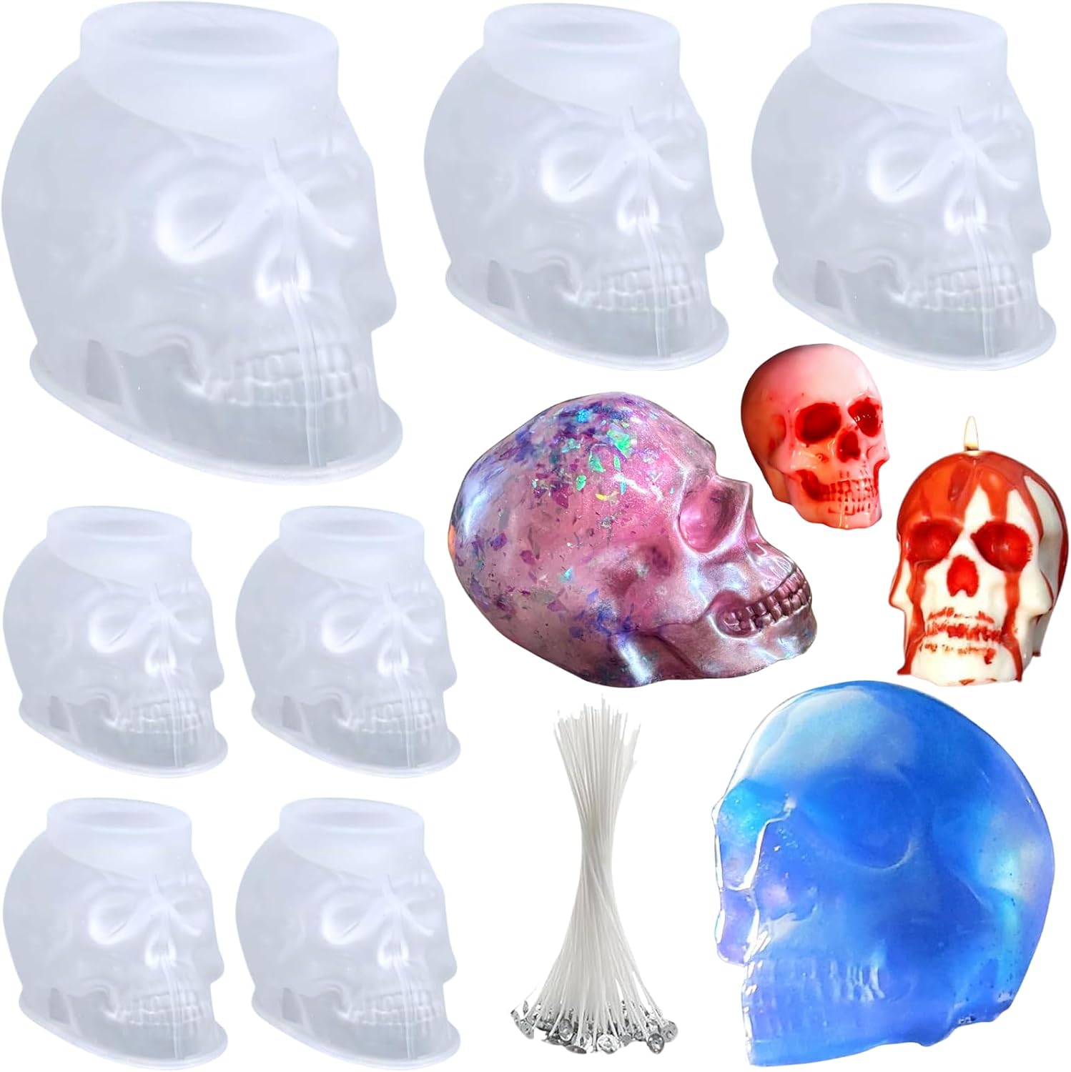 7pcs Halloween Skull Silicone Molds 3 Sizes for Candle Making, Atarvana 3D Halloween Candle Making Molds with 10pcs Candle Wick-1pcs Large, 2pcs Medium, 4pcs Small