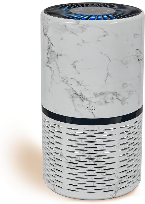 Veva White Circular Air Purifier, Compact and Modern with UV-C Light, HEPA Filter, 3 Speed Settings, Soft Light, 220 sqft coverage
