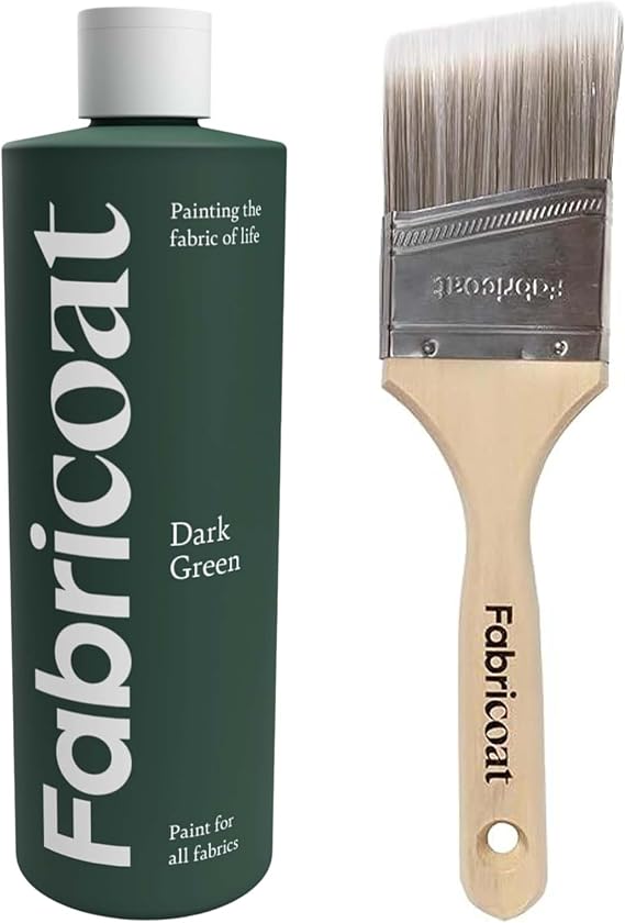 Fabricoat - Fabric Paint for Furniture 250ml (Dark Green) + Angled Paint Brush | Firm Bristled Brush with Wooden Handle | Restore or Change the Color of Couches, Chairs, Upholstery