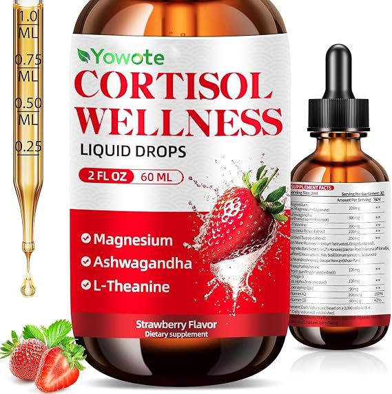 Cortisol Support Supplements for Men and Women, Cortisol Detox Hormone Balance with Magnesium, Ashwagandha, L-theanine, Phosphatidylserine for Lower Cortisol, Calm, Mood Support (60ML, strawberry)