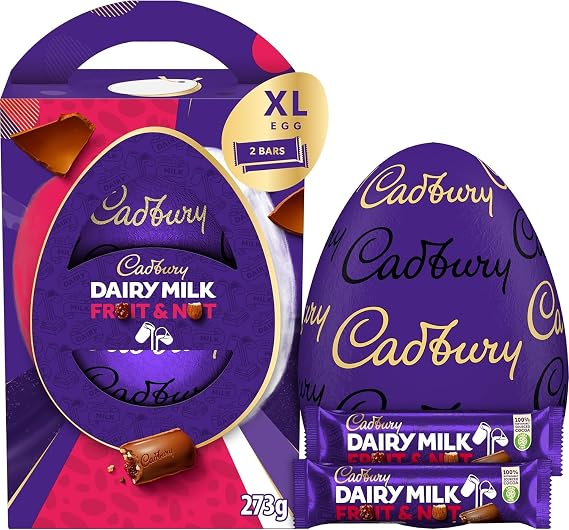 Cadbury Dairy Milk Fruit & Nut Chocolate Easter Egg, Includes 1 Extra Large Chocolate Shell and Cadbury Dairy Milk Fruit & Nut 2 Bars, Gift for Easter, 273 g (Pack of 1)