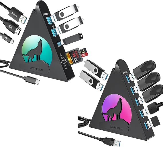 Black Wolf 8-in-1 USB-C Hub & 7-Port USB 3.0 Hub, Type C Hub with RGB Lighting, 4K HDMI, PD 100W, USB A/USB C 3.0, SD/TF Slots, Vertical Design for MacBook, iMac, PC, Mac Mini
