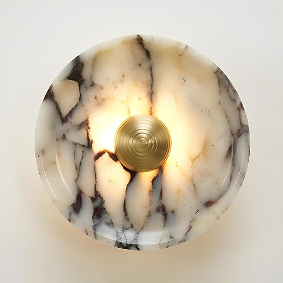 9.8" Natural Alabaster Sconce Dimmable Round Marble Wall Sconce Mid Century Stone LED Wall Mount Light Modern Alabaster Sconce Lighting Hardwired for Bedroom Living Room Stairs Kitchen