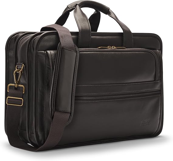 Solo New York Briefcase - Laptop Carrying Bag for Women & Men, Brief for Travel & Work, Padded Shoulder Strap, Premium Leather Body, Fits 15.6" Computer - Espresso