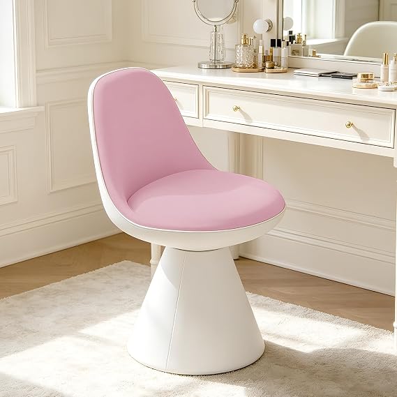 Swivel Vanity Chair, Multifunctional Upholstered Ottoman Foot Stool Leather with Mid Back for Makeup, Modern Vanity Stool for Vanity Bedroom Living Room, Dining Room