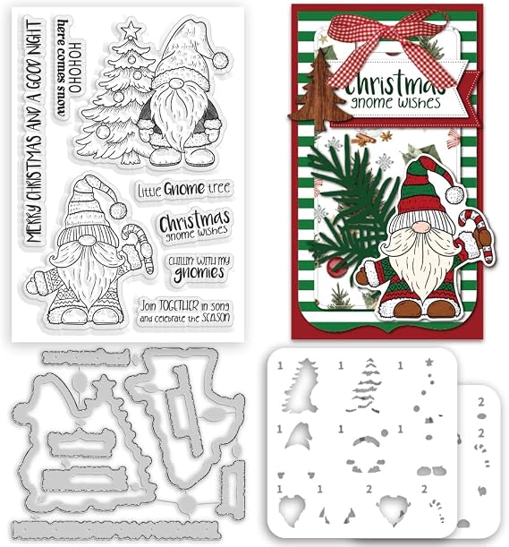 INFUNLY Xmas Gnome Clear Stamps and Cutting Dies Christmas Tree Painting Template for Card Making Holiday Words Silicone Stamps Christmas Gnome Die Cuts Draw Paint Stencil for DIY Scrapbooking Crafts