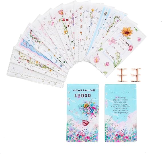 $3000 monthly savings challenge book with acrylic covers, Gorgeous floral money saving Challenge A6 binder, Fun and Motivating Savings Tracker,12 Month Budget planner Cash Stuffing Cash Envelopes