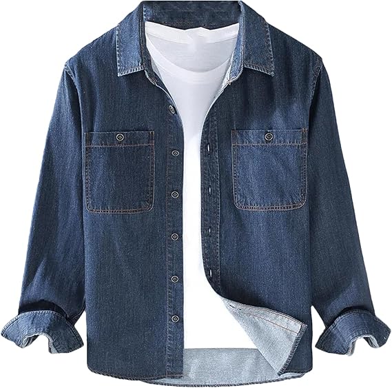 Men's Vintage Work Cargo Denim Shirt Double Pocket Long Sleeve Lapel Blouse