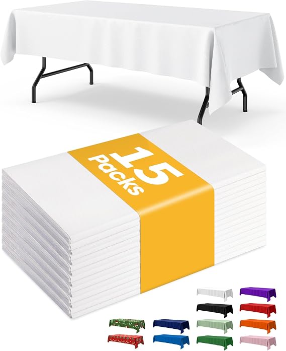 Niuara White Plastic Table Cloth - 15 Pack 54" 108" Rectangle Disposable Tablecloths for 6FT Tables, Table Cover for Party, Holiday & Gathering Use