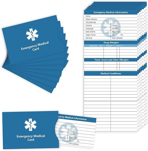 MEDMAX 8 Pack Emergency Medical Cards Z-Folding with Protective Sleeves, Emergency Medical Alert Information Contact ID Card for Wallet Pocket Blue