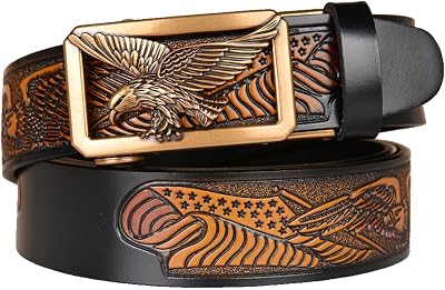 Belt Men Ratchet, Western Cowboy Belts for Men, Genuine Leather Embossed Belt with Eagle Alloy Square Buckle