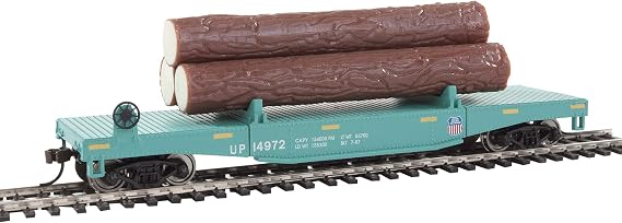 Walthers Trainline Log Dump Car with 3 Logs-Ready to Run-Union Pacific 14972 (MOW Scheme; Green, Yellow Conspicuity Marks) 931-1773 HO Scale Model Railroad - Freight Model