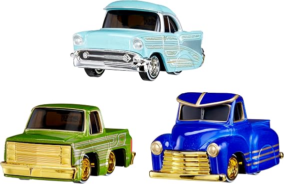 CARTUNED 3 Pack Series 1 Cruizn Da BLVD & Drip'd 1957 Chevy Bel Air Kandy Light Blue Lowrider, 1987 Chevy C10 Truck Kandy Green Lowrider, 1953 Chevy Pickup Kandy Dark Blue Lowrider, Diecast, Ages 6+