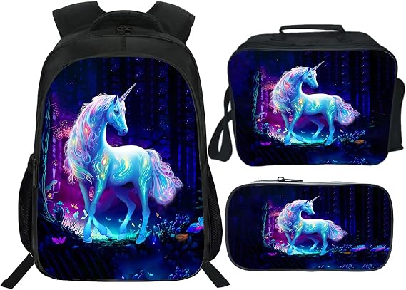 Unicorn Backpack 3PCS 16" Preschool Elementary Schoolbag with Lunch Box Pencil Case Bookbag Set for Girls Kids Children Teens School Students
