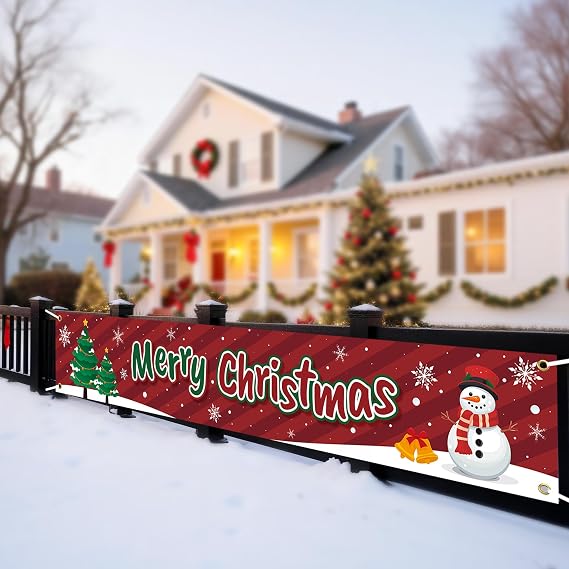 HOOSUN Christmas Decorations Outdoor Indoor,138 x 20 Inch Merry Christmas Banner for Outside,Large Xmas Tree Snowman Banners Yard Fence Decorations,Xmas Decor Banner for Fence,Proch,Wall,Party