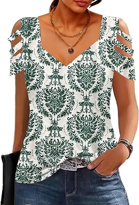SAUKOLE Summer Women Cold Shoulder Tops Casual Loose Hollow Out Short Sleeve T Shirt Sexy V Neck Tops Blouses