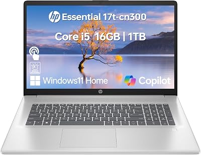 HP Essential 17 Laptop AI PC, 17.3 Touchscreen, Intel Core i5-1334U 10 Cores, up to 4.6GHz Max Turbo, 16GB RAM, 1TB SSD, Backlit Keyboard, Fingerprint Reader, Wi-Fi 6, Windows 11 Home, Silver