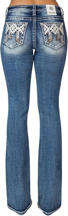 Miss Me Women's Mid-Rise Southwestern Feathers Embellished Pockets Slim Boot Jeans