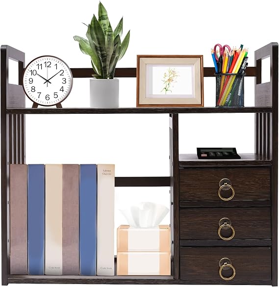 Desktop with drawer bookshelf, desktop bamboo office with organizer, with drawer (3 drawers with bookshelf)