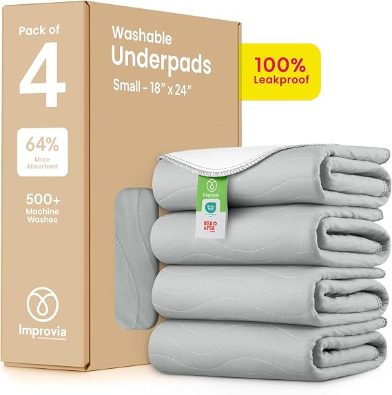 IMPROVIA Washable Underpads, Heavy Absorbency Reusable Incontinence Pads for Kids, Adults, Elderly, and Pets - Waterproof Protection Floor Grey & White (4 Pack - 18x24)