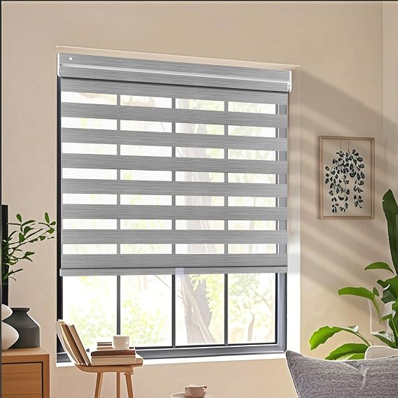 No Drill No Tools Cordless Zebra Blinds Dual Layer Sheer Roller Shades for Window Custom Size Blackout Privacy Window Blinds and Shades for Room Darkness, 52" W x 78" H, 95% Darkness Light Grey
