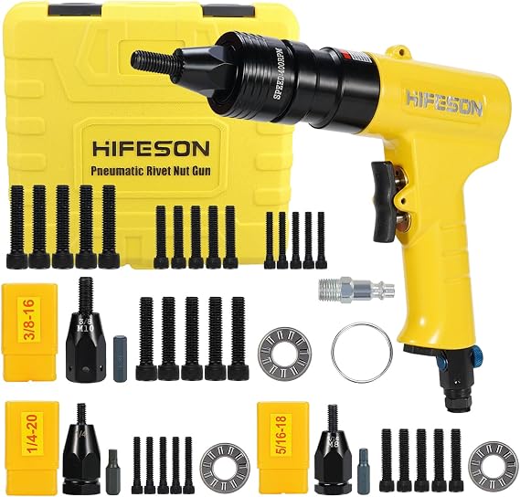Pneumatic Rivet nut Gun (with 1/4 & 5/16 & 3/8 self-Locking Head Gun, Quick-Change Mandrel, Industrial Grade Adjustable Speed Pneumatic Rivet nut Gun) and Rivet Replacement Mandrel Set