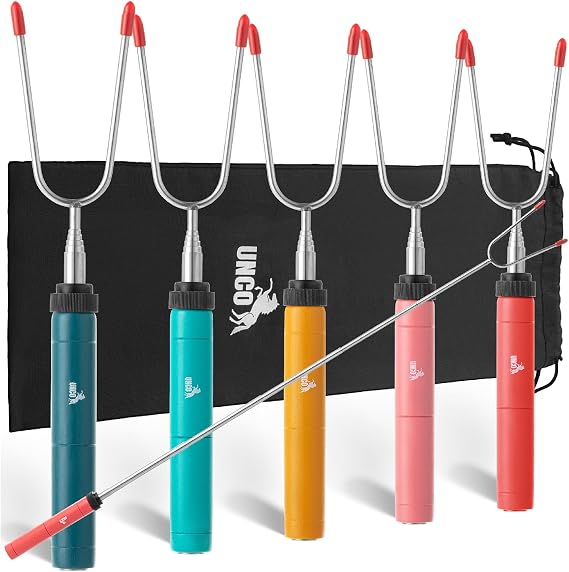 UNCO- Marshmallow Sticks for Fire Pit, 5 pcs, 34", Rotational Handles | Extendable Stainless Steel Marshmallow Roasting Sticks with Canvas Storage Bag, Skewers for Smores Skewers