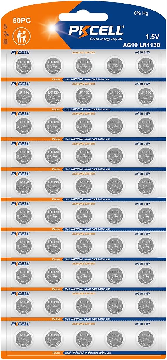 PKCELL 50 Pack LR1130 Battery AG10 389 390 LR54 Button Cell Battery