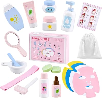 Ehome Wooden Beauty Salon Play Set Wooden Makeup Toy Set for Toddler Pretend Play Skin Care Learning Toys, Play Wood Spa Set with Face Mask Christmas Birthday Gifts for 3-8 Years Old