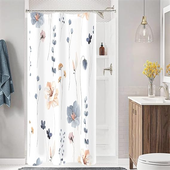 Gibelle Blue Beige Watercolor Floral Fabric Shower Curtain, 36x72