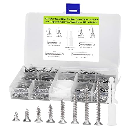 M3 Flat Head Wood Screws Assortment Fasteners Kit 420pcs,Phillips Drive Countersunk Head Self-Tapping Screws,304 Stainless Steel,Contains 20pcs M6 Screw Anchors