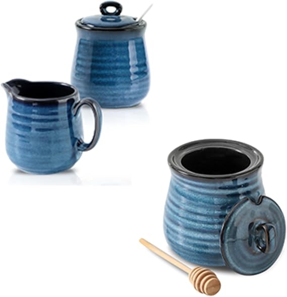 Ceramic Sugar and Creamer Container Set of 3 and 12 Ounce Honey Jar and Dipper Set-Blue Ceramic Bundle