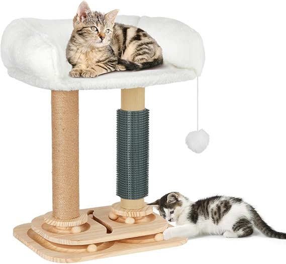 Cat Scratching Post with Bed, 4-in-1 Small Cat Tree Tower | Sisal Scratcher, Elevated Washable Bed, Track Ball Toy, Built-in Self-Groomer