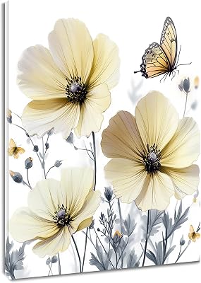 HVEST Yellow Floral Wall Art for Living Room, Spring Yellow Wildflower Butterfly on White Canvas Wall Art Nature Plant Flower Pictures for Bedroom Bathroom Wall Decor,16L X 12W Inches