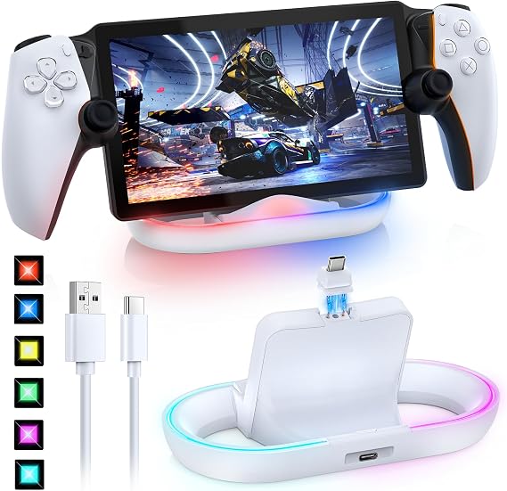 FASTSNAIL Charging Stand for PS Portal Compatible with Hard/Soft Cover, RGB Charge Station for TPU/EVA/Silicone Protective Case When Charging, Charge Holder for PlayStation 5 Portal (White)