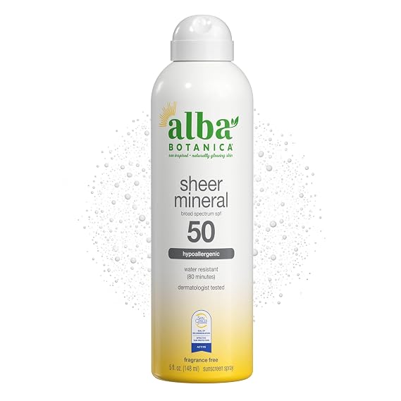 Alba Botanica Sheer Mineral Sunscreen Spray, SPF 50, Fragrance-Free Broad Spectrum, Water Resistant and Biodegradable, 5 fl. Oz. Bottle