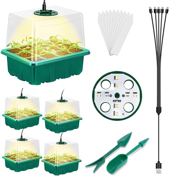 Seed Starter Tray with Grow Light 8 LEDs, 5 Packs Seedling Starter Trays with Humidity Dome (60 Cells), Seed Starting Trays Seed Starter Kit Indoor Gardening Plant Germination Trays