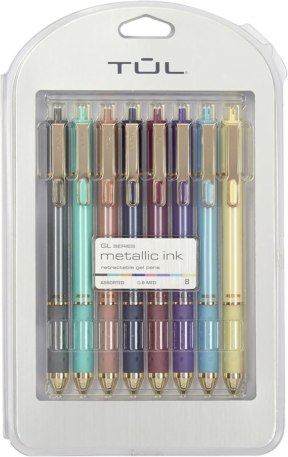 TUL GL Series Retractable Gel Pens, Medium Point, 0.8 mm, Assorted Barrel Colors, Assorted Metallic Inks, Pack Of 8 Pens