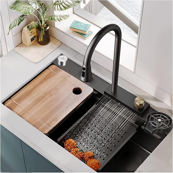 Drop in Black Waterfall Kitchen Sink Farmhouse Sink, Single Bowl SUS304 Stainless Steel Commercial Modern Nano Raindance Utility Sink Workstation Prep Kitchen Sinks with Pull-Out Faucet