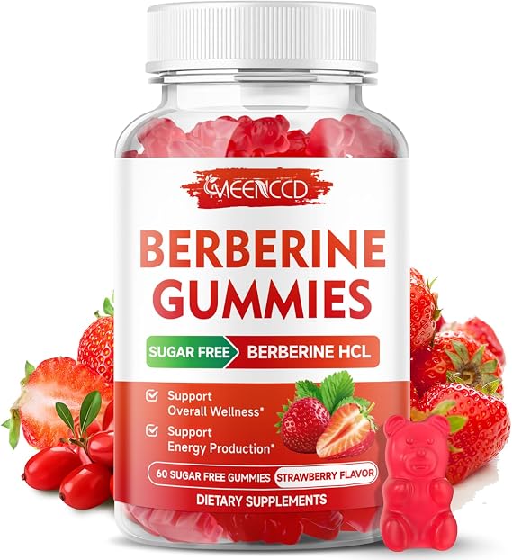 MEENCCD Berberine Gummies with Ceylon Cinnamon, Berberine HCL Supplement for Immune Support, Sugar Free, Vegan, Strawberry Flavor, 60 Count