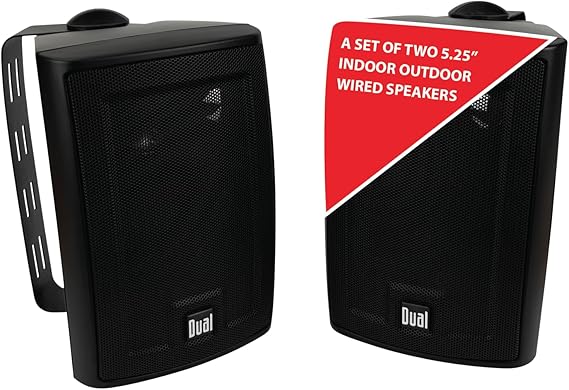 Dual Electronics LU53PB 5.25" 3-Way Indoor Outdoor Wired Speakers Pair | Weather & UV resistant, for patio, pool & garage, expansive stereo sound, easy setup, wired home speakers, black pair
