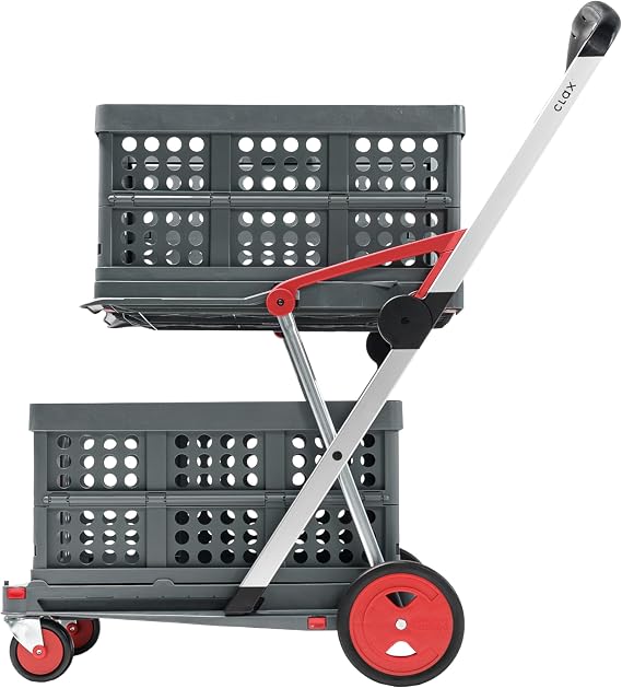 CLAX The Original | Made in Germany | Multi Use Functional Collapsible Carts | Mobile Folding Trolley | Storage Cart Wagon | Shopping Cart with 2 Storage Crates (Red)