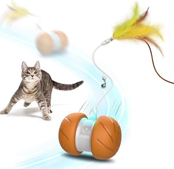 PAWSPIK Feather Tail Rechargeable Spinner Chasers Cat Toy, Orange (Interactive Self-Rolling Moving Cat Toy with 3 Speed Modes, Feather & Bell Attachments)