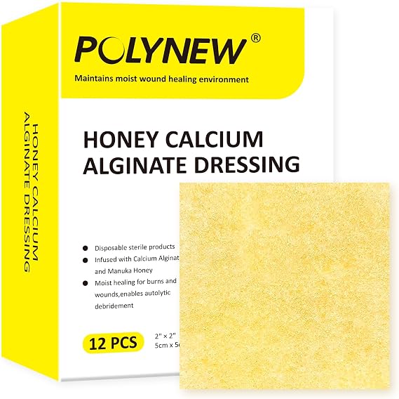Manuka Honey Calcium Alginate Dressing, 12 Individual Pack, 2"x2" Patches, Wound Dressing with Calcium Alginate, Bandages for Burns, Faster Wound Care
